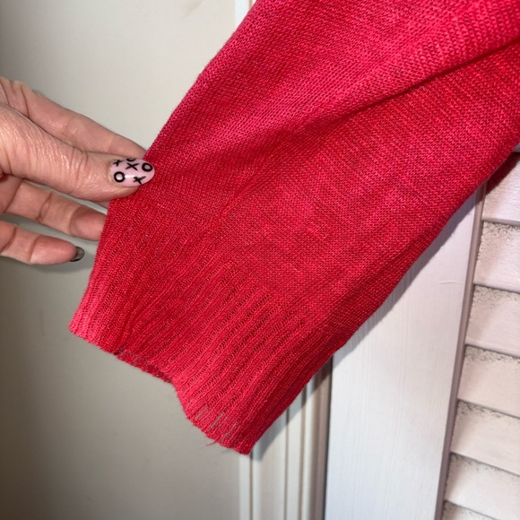 Eileen Fisher 100% Linen Open Front Cardigan Coral Red Size L Longline Knit - Picture 3 of 5